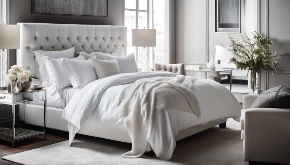 A modern bedroom featuring a large tufted bed with white bedding, a throw blanket, bedside tables with lamps, and neutral decor in soft gray and beige tones.
