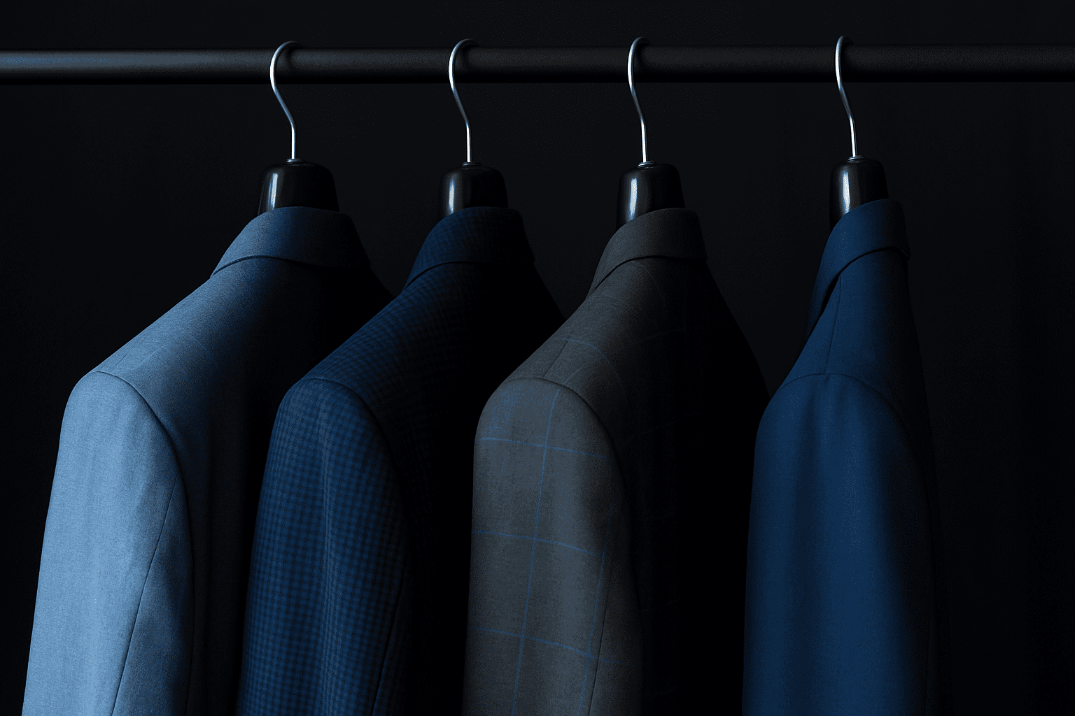 Four men's suit jackets in shades of blue and gray hang neatly on a clothing rack against a dark background.