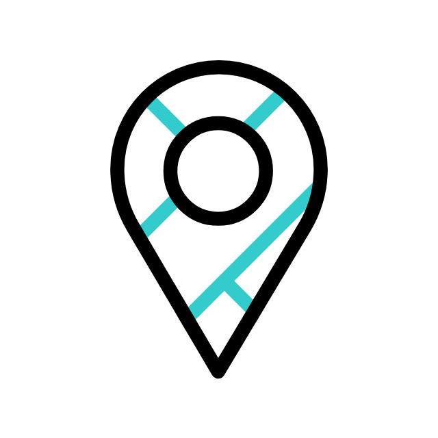 A black map pin icon with a blue outlined map inside, symbolizing location or navigation.