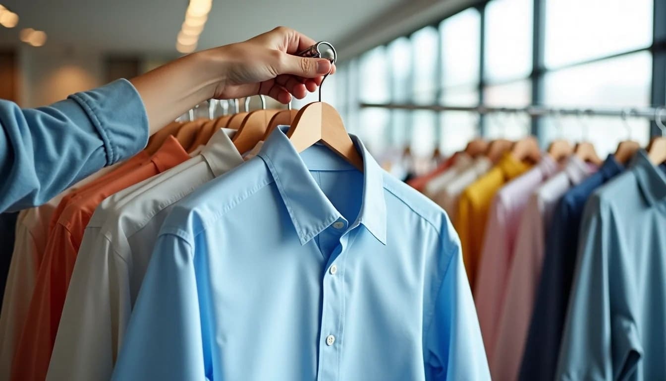 A person selects a light blue collared shirt from a rack of assorted colorful shirts hanging on wooden hangers in a well-lit store.