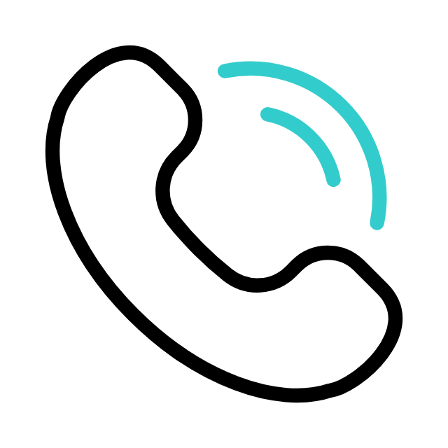 Black outline of a telephone handset with two blue curved lines above it, indicating a phone call or incoming call signal on a white background.